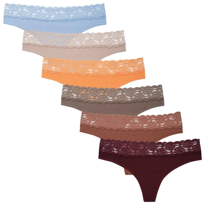 INNERSY Womens Thongs Cotton Lace Thong Ladies G-string Panties Sexy Underwear Female Pack of 6 (12, Autumn Multicolour)
