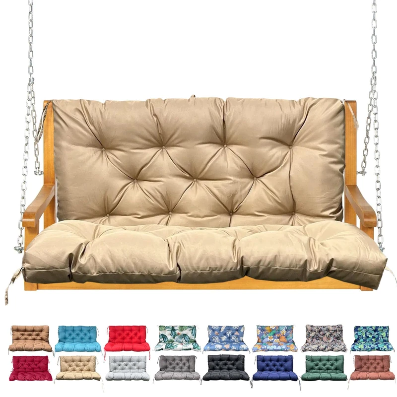 NANGELRN Porch Swing Cushion with Backrest,Waterproof Bench Cushion for Outdoor Furniture,2-3 Seater Replacement Thickened Swing Cushion with Ties,Patio,Outdoor,Backyard and Garden (Khaki,60x40)