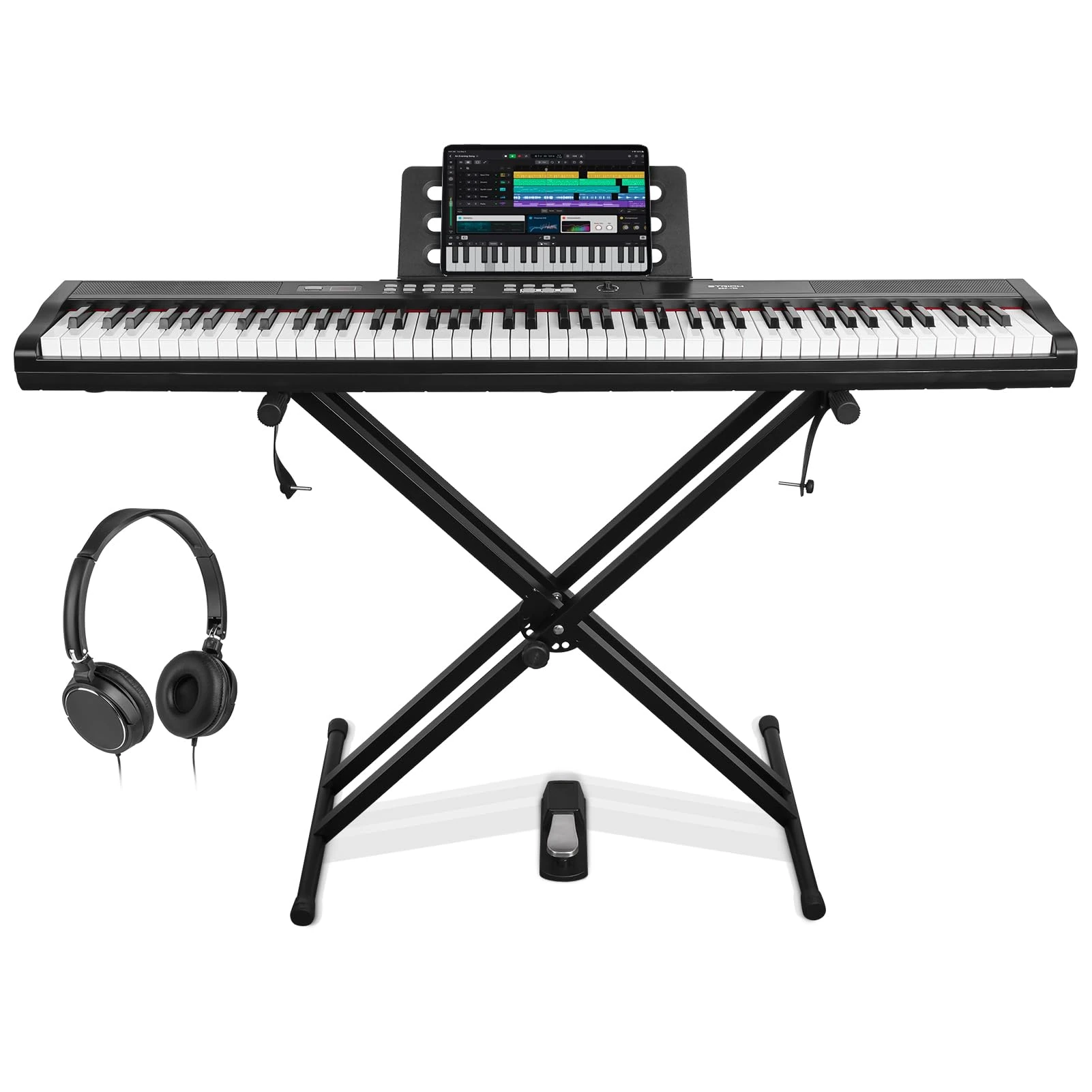 STRICH 88 Key Digital Piano Full Size Electric Keyboard with Semi-Weighted Sensitive Keys, Portable Electric Piano Set With Piano Stand, Sustain Pedal, Headphones, Music Rest, Black, SEP-150