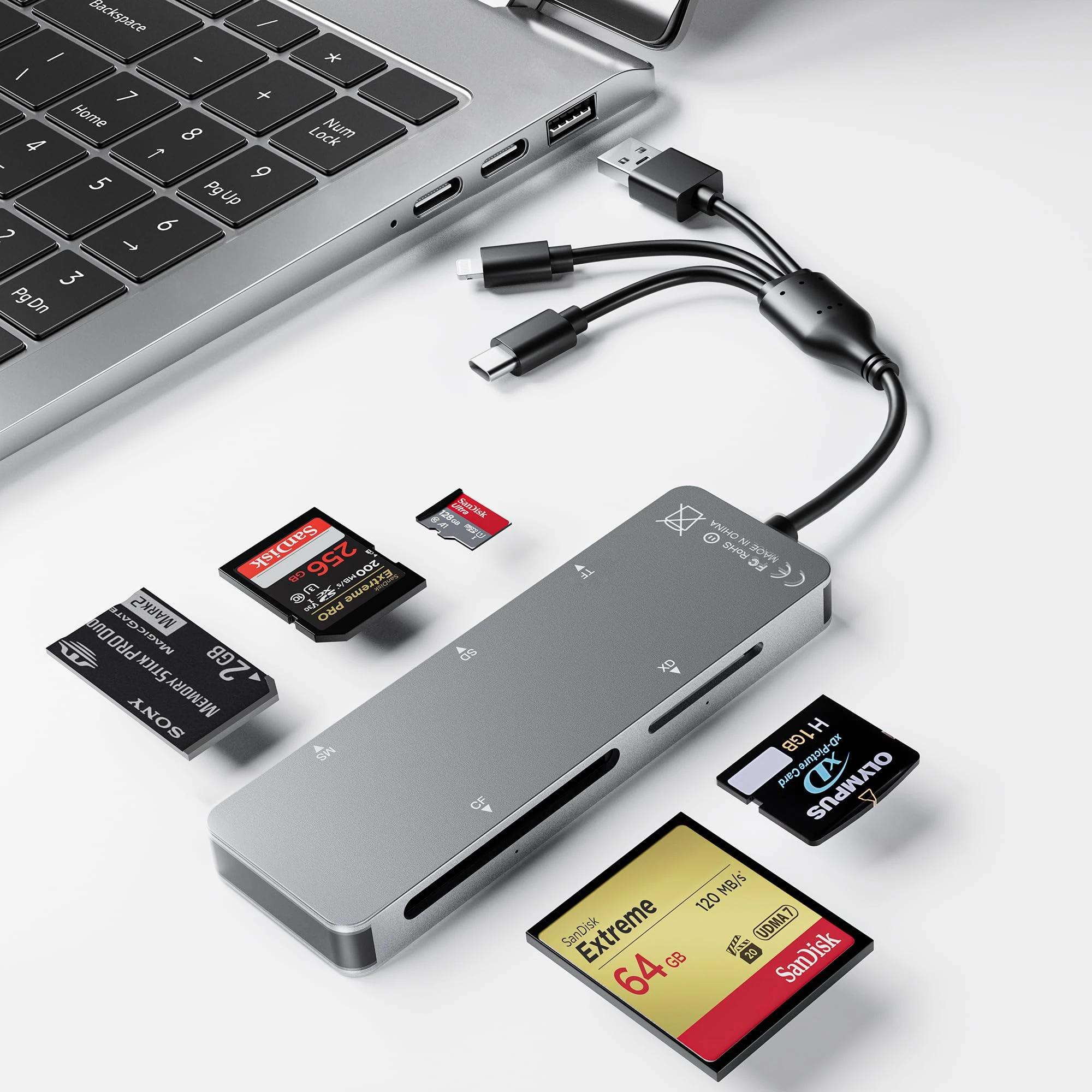 Memory Stick pro Duo Adapter 5-in-1 Multi Memory Card Reader Supports SD/TF/CF/MS/XD Picture Card for PC/USB-C/iphone, Lightning+USB A+USB C Memory Stick pro Duo Reader for iPhone