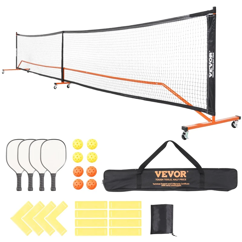 VEVOR Pickleball Net Set, 22FT Regulation Size Portable Pickleball System with Bags, Balls, Paddles, Wheels, and Court Lines, Weather Resistant Metal Frame & PE Net, for Outdoor Backyard Driveway