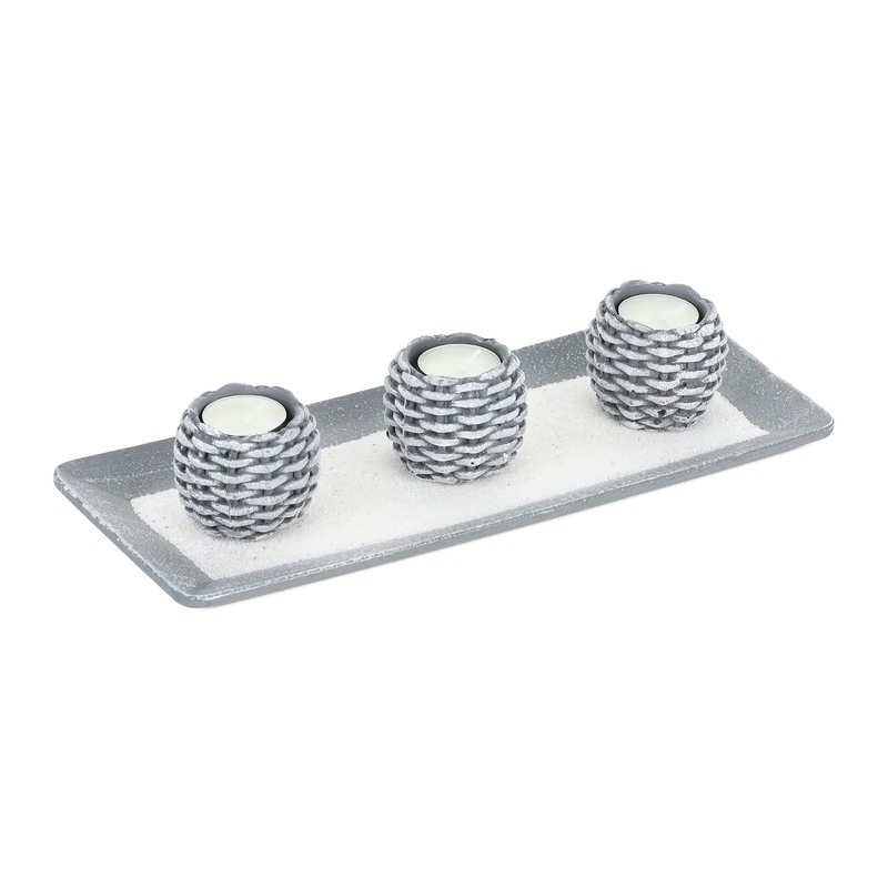 Relaxdays Candle Tray, Candle Set with 3 Tea Light Holders & Sand, for Living & Dining Room, Candleholder, Grey/White