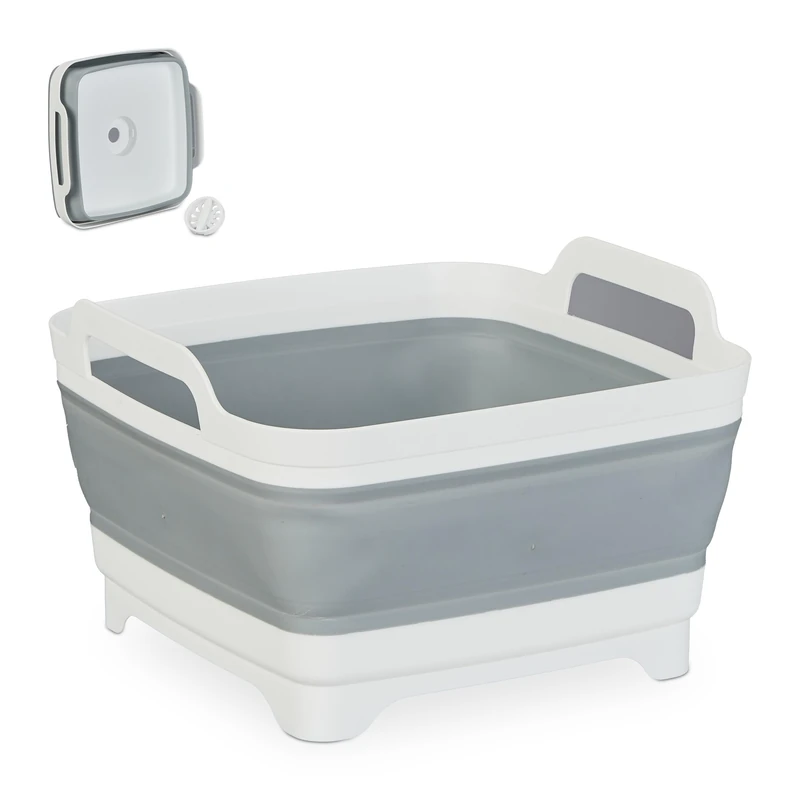 Relaxdays Sink Bowl with Drain, Foldable Washing Up Basket, 9 L, Camping Dishwasher, HxWxD: 20 x 31 x 31 cm, White/Grey