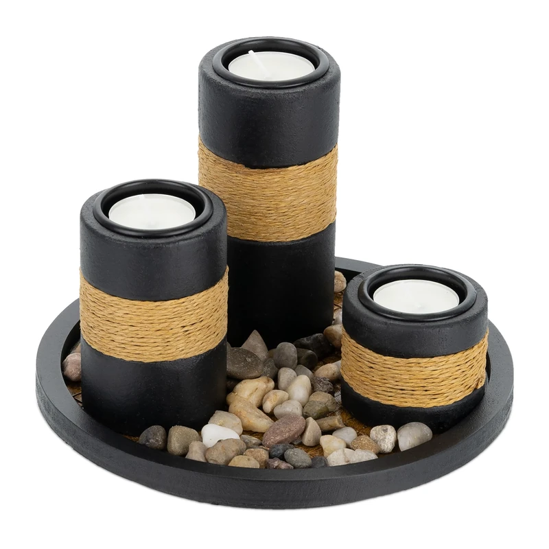 Relaxdays Tea Light Holder, Set with Tray & Stones, 19.5 cm Long, for Living & Dining Room, Candle Holder, Black/Brown
