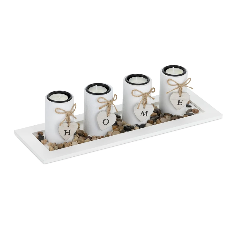 Relaxdays Tea Light Holder, Set with Tray & Stones, 39.5 cm Long, Decorative, Living & Dining Room, Candle Holder, White