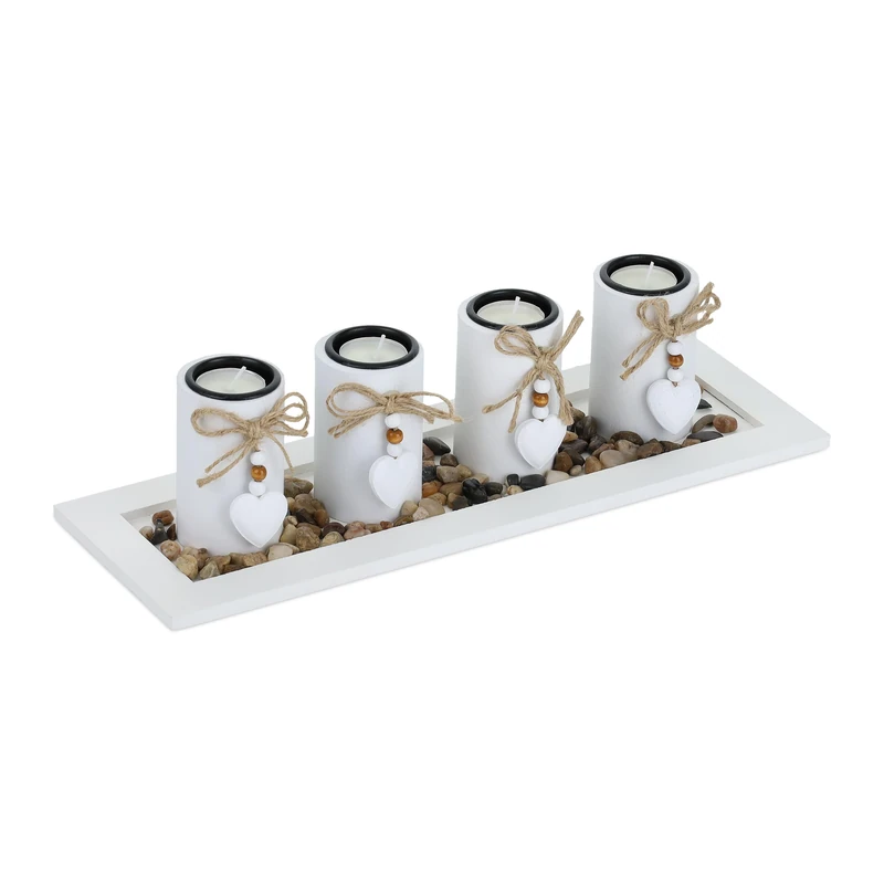 Relaxdays Tea Light, Set with Tray & Stones, 39.5 cm Long, Decorative, Living & Dining Room, Candle Holder, White, Fibreboard, 10 x 39.5 x 13 cm