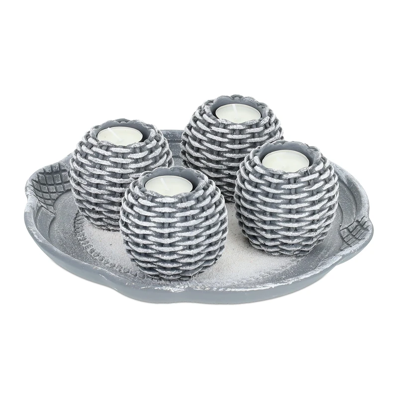 Relaxdays Tray, Candle Set with 4 Tea Light Holders & Sand, for Living & Dining Room, Candleholder, Grey/White, Fibreboard, 8 x 27.5 cm
