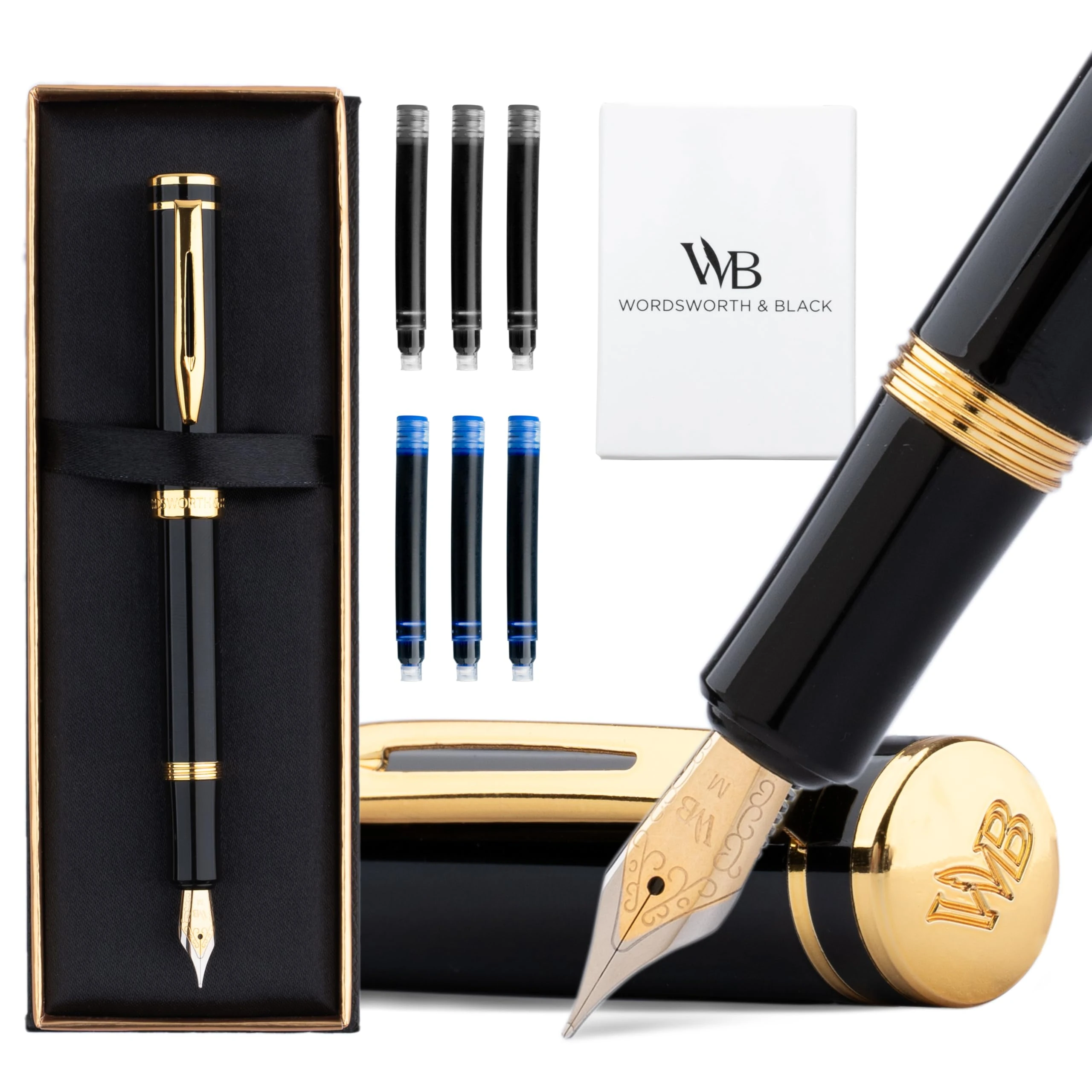 Wordsworth and Black Fountain Pen Mini EDC: Luxury Black Heavy Pocket Pen, Gold Finish, Medium Nib, 6 Ink Cartridges, Ink Converter, Travel Refillable Writing Pen Gift Set, Men & Women