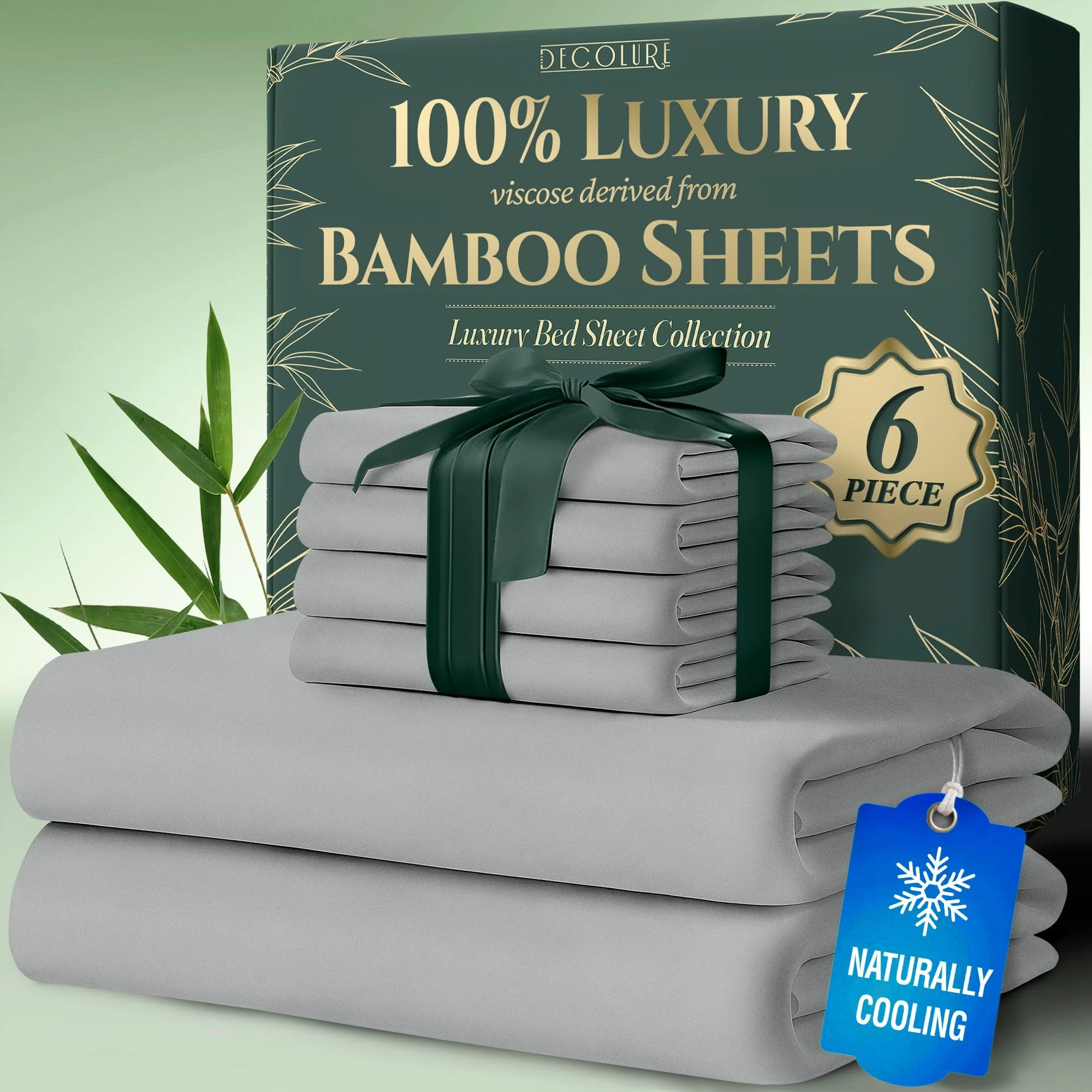 DECOLURE 100% Organic Viscose Derived from Bamboo Sheets Cal King Size 6pcs - Ultra Soft & Luxuriously Cooling, 17" Deep Pocket,Double Stitching,Perfect for Hot Sleepers - King Bed Sheets (Light Grey)