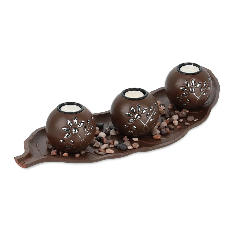 Relaxdays Tea Light, Set with Tray & Stones, 50.5 cm Long, for Living & Dining Room, Candle Holder, Brown, Fibreboard, 8.5 x 50.5 x 19 cm - Image 1