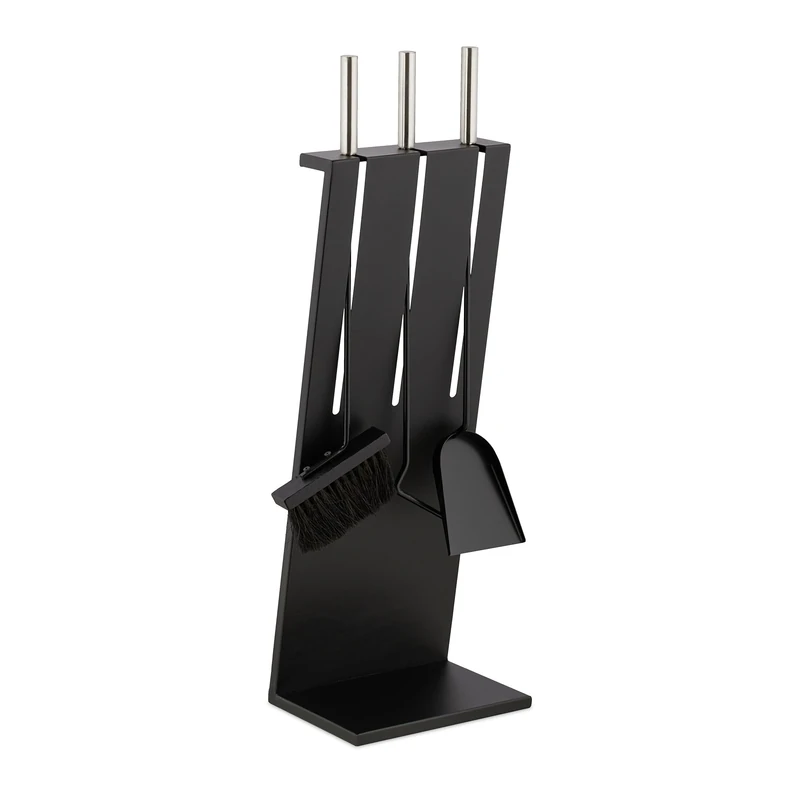 Relaxdays Fireplace Tool Set, 4-pieces, Poker, Ash Shovel, Broom, Stand, Stainless Steel, Modern Accessories, Black