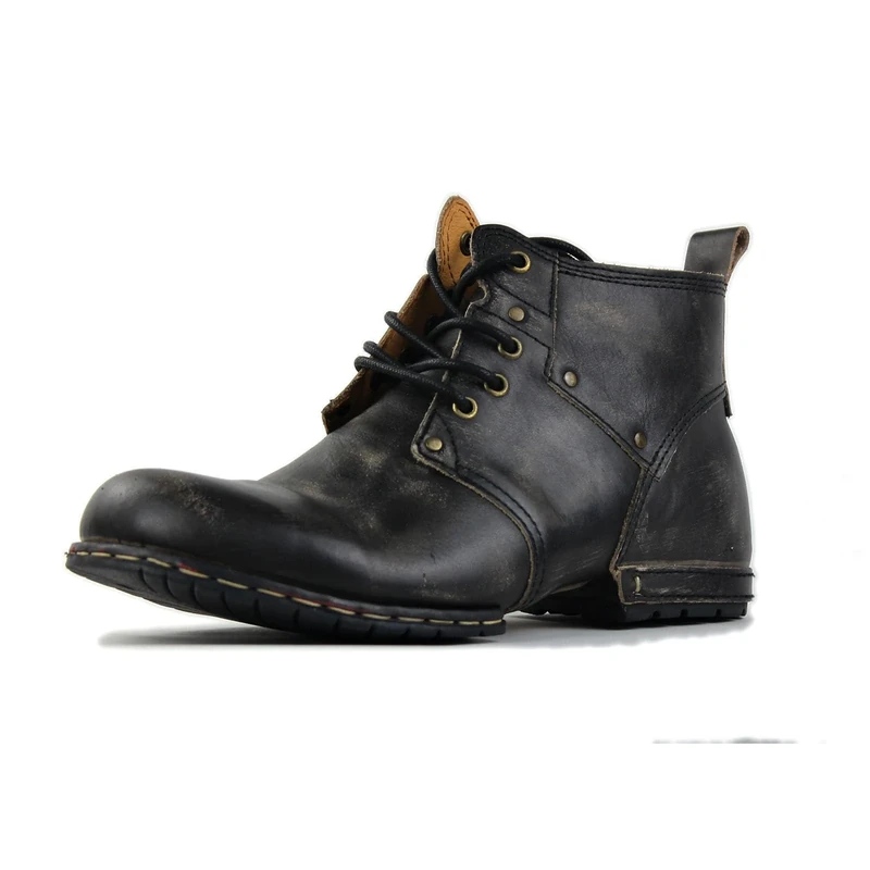 OSSTONE Moto Boots for Men Fashion lace-up Leather Chukka Boots Casual Shoes OS-6015-2，Retro Black,UK7.5，US8.5