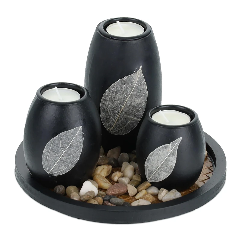 Relaxdays Tea Light Holder, Set with Tray & Stones, 19.5 cm Long, for Living & Dining Room, Candle Holder, Black/Brown