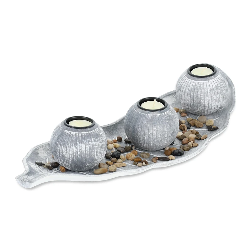 Relaxdays Tea Light, Set with Tray & Stones, 50 cm Long, for Living & Dining Room, Candle Holder, Grey/White, Fibreboard, 8.5 x 50 x 19 cm