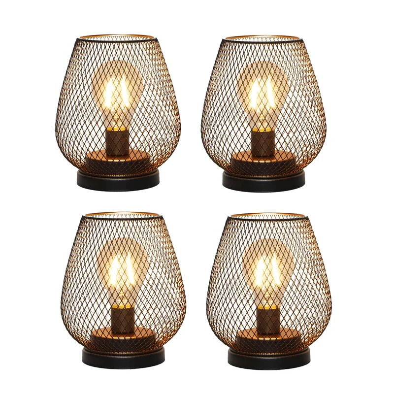 TRIROCKS Set of 4 Outdoor Vintage Decorative Battery Operated Table Lamp, Metal Cage Cordless Lanterns with LED Bulb for Weddings, Parties, Patio, Events for Indoors Shelf Decor