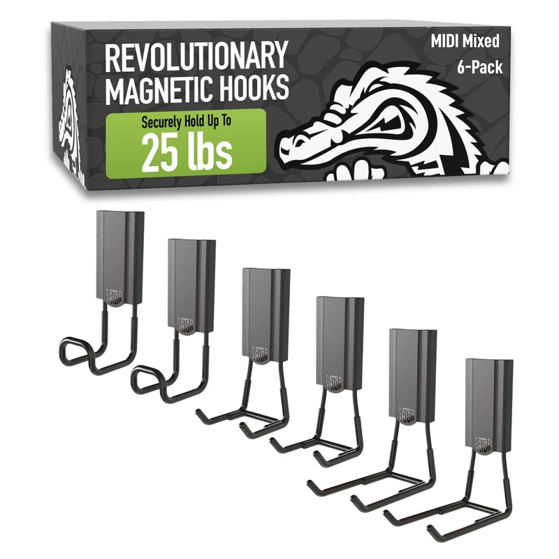 Gator Magnetics Storage Hooks: 6-Pack, The Ultimate Workshop & Garage Storage Systems, Heavy Duty Magnetic Hooks, Sturdy Tool Organization Solutions, 25lb Hold, for All Steel Surfaces 2.5" & 4"