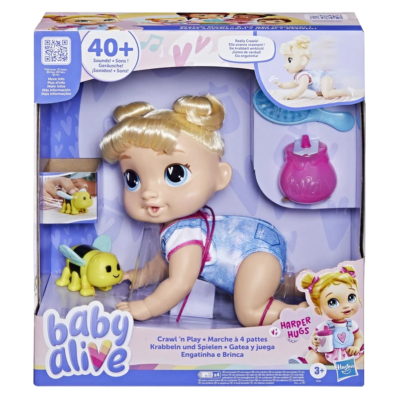 Baby Alive Crawl 'n Play Harper Hugs Electronic Crawling Baby Doll Set, Blonde Hair, Kids Toys for Girls & Boys 3 Years & Up, 27 cm/10.75 inches