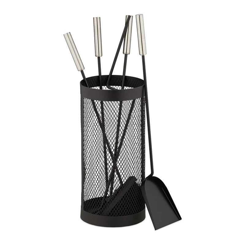 Relaxdays Fireplace Tool Set, 5-pieces, Poker, Ash Shovel, Broom, Tongs & Stand, Stainless Steel, Accessories, Black, Steel, 56 x 17 cm - Image 1