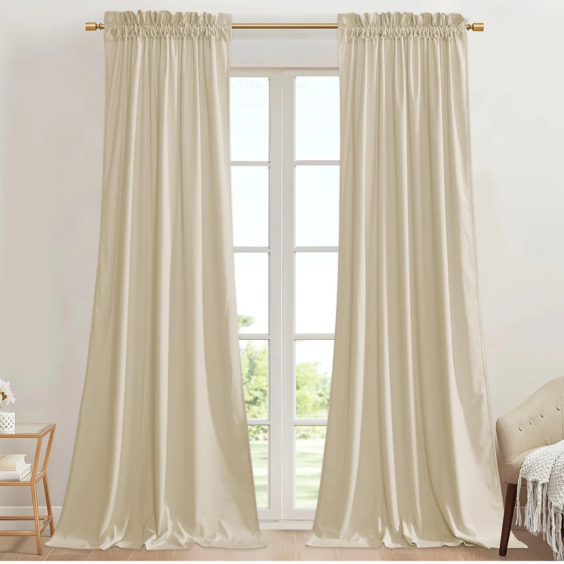 StangH Farmhouse Beige Velvet Curtains 96 inches for Bedroom, 2 Panels