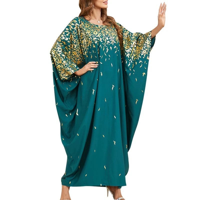 Odizli Muslim Abaya for Women Long Dresses Dubai Pendant Bat Sleeves Turkey African Caftan Vest, Blue Gold, One Size