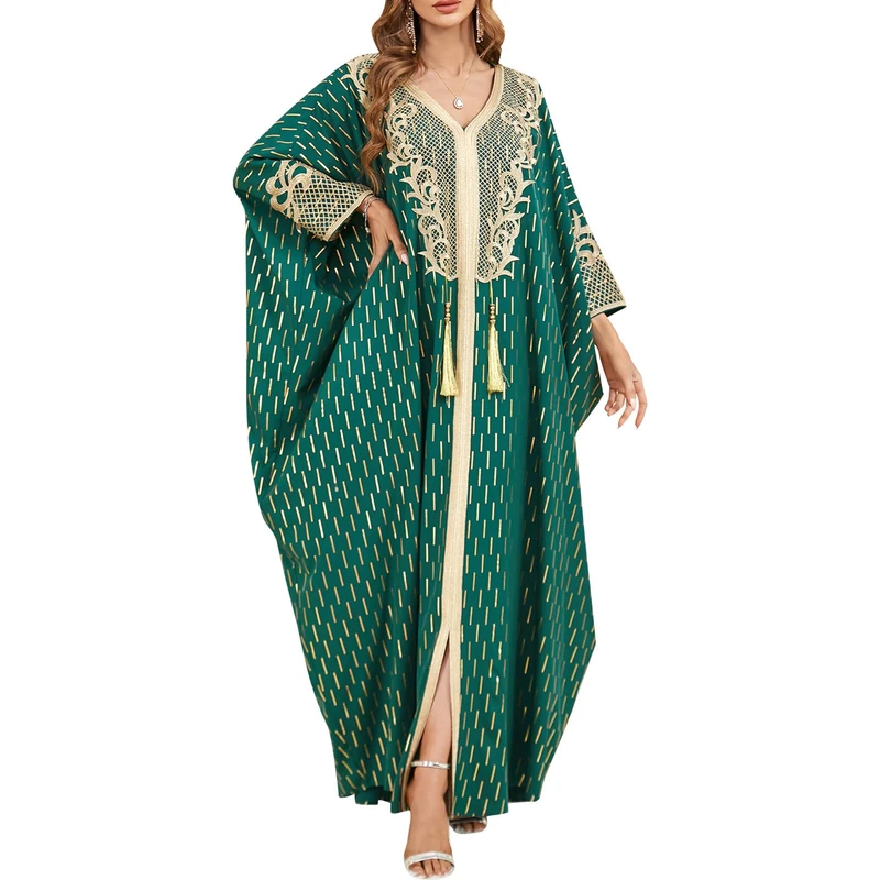 Odizli Muslim Abaya for Women Long Dresses Dubai Pendant Bat Sleeves Turkey African Caftan Vest, Emerald Green, One Size