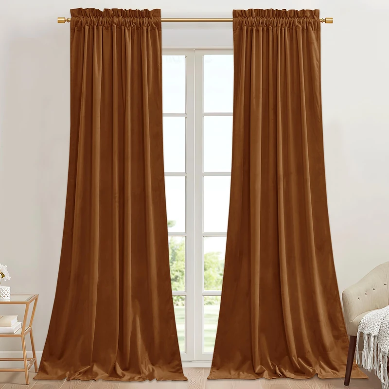 StangH Burnt Orange Velvet Blackout Curtains Rod Pocket Room Divider Curtains 42" W x 96" L 2 Panels