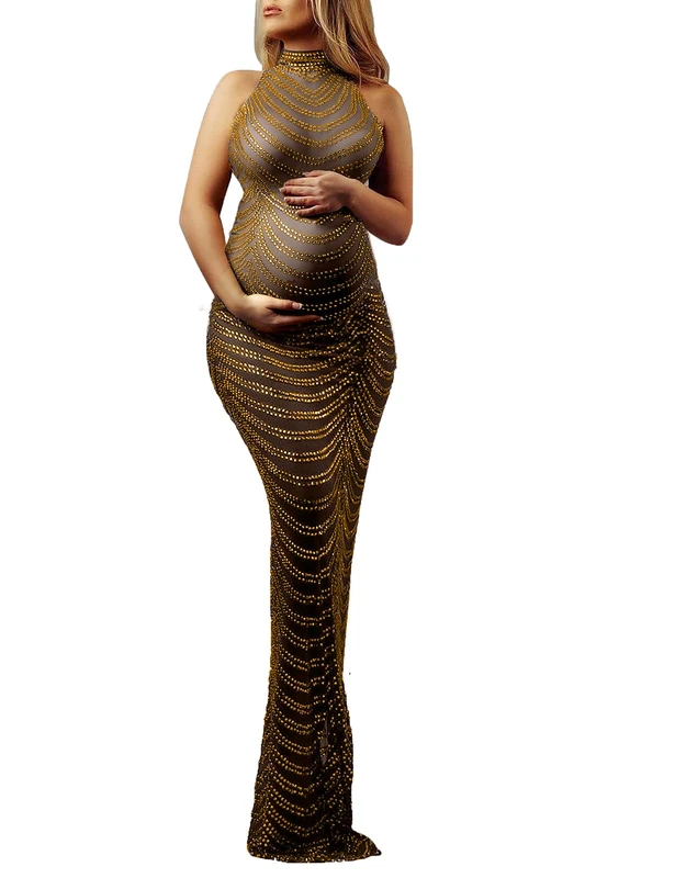 Dedysler Maternity Photography Gown Sleeveless Sexy Shiny Rhinestone Photoshoot Dress for Baby Shower, 10coffee, M