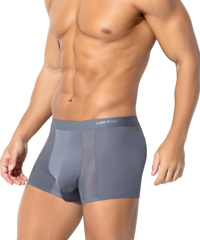 Casey Kevin Men's Modal Underwear Ice Silk Boxers Shorts Soft Breathable Boxer Briefs Microfibre Trunks Thin Mesh Underpants Low Rise Pouch Pants, Grey L