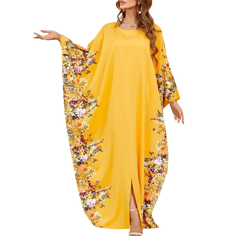 Odizli Muslim Abaya for Women Long Dresses Dubai Pendant Bat Sleeves Turkey African Caftan Vest, Yellow, One size