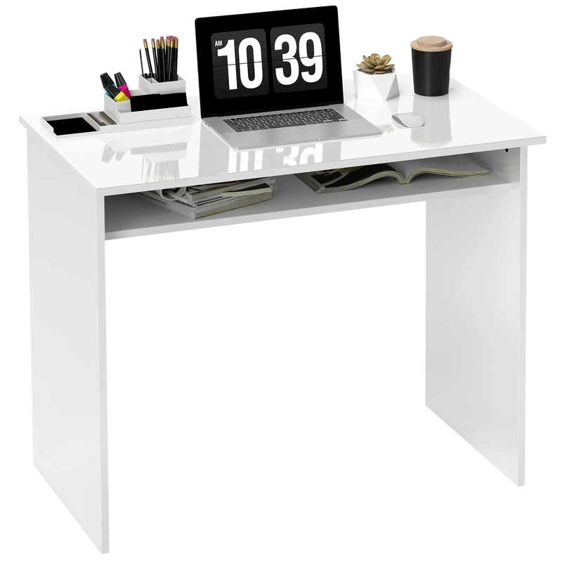 HOMCOM Modern Computer Desk, Home Office Table, Small Writing Desk with Storage Shelf, 90 x 50cm, High Gloss White