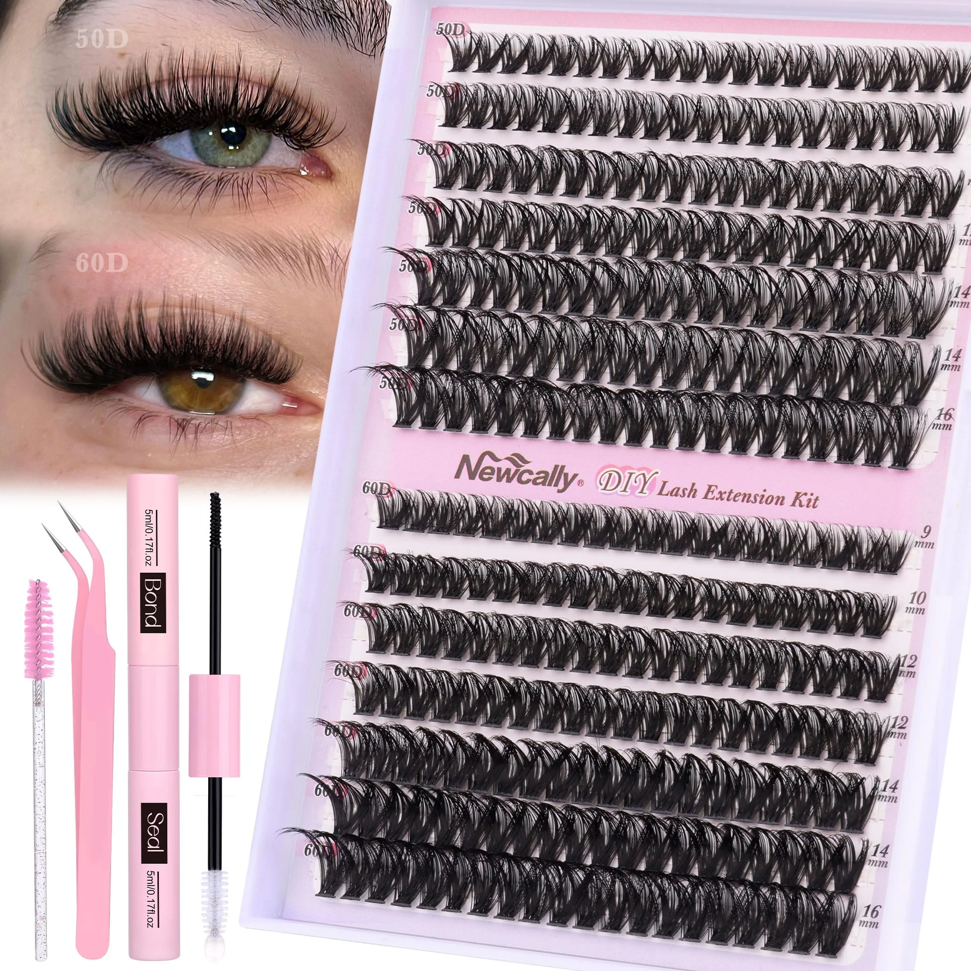 Fluffy Cluster Lashes Kit Wispy Individual Eyelashes Kit Volume 280 Pcs Eyelash Extension Kit D Curl Cluster Lashes Extension 9-16MM Lash Bond and Seal Tweezers by Newcally(50D+60D, 0.07D)