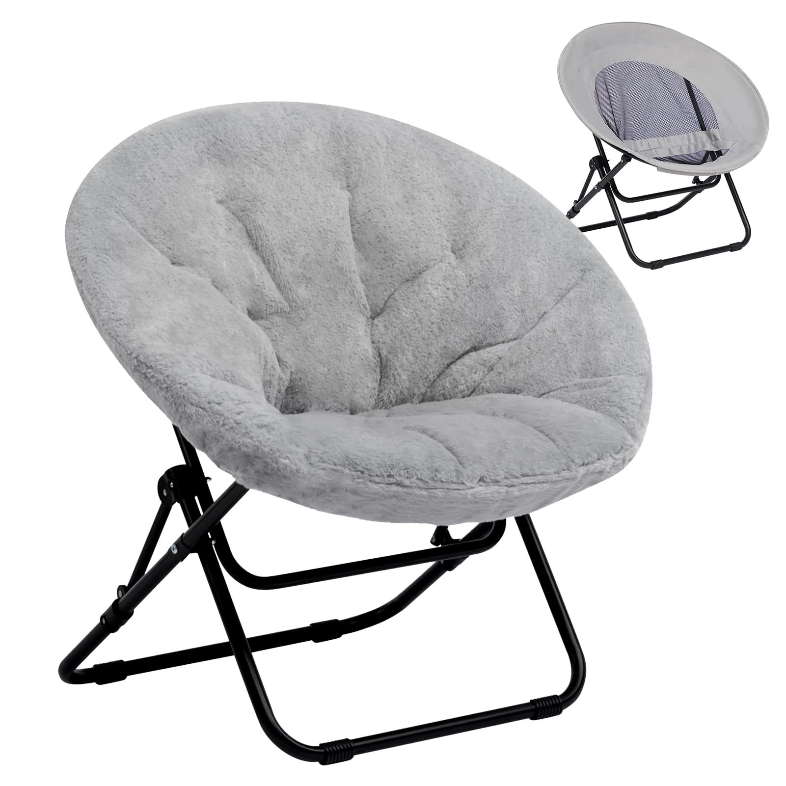 HollyHOME Moon Chair Saucer Chair Comfy Folding Chairs Foldable Armchair Portable Round Reading Chairs for Living Room & Bedroom, Plush Grey
