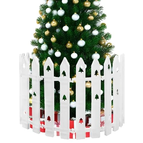 Pack of 20 Metal Garden Fences,40cm Extra Tall Christmas Tree Fence,24PCS White Picket Fence Baby Gate with Tree Patterns,Christmas Tree Barrier for Pets & Kids,Decorative Xmas Tree Guard