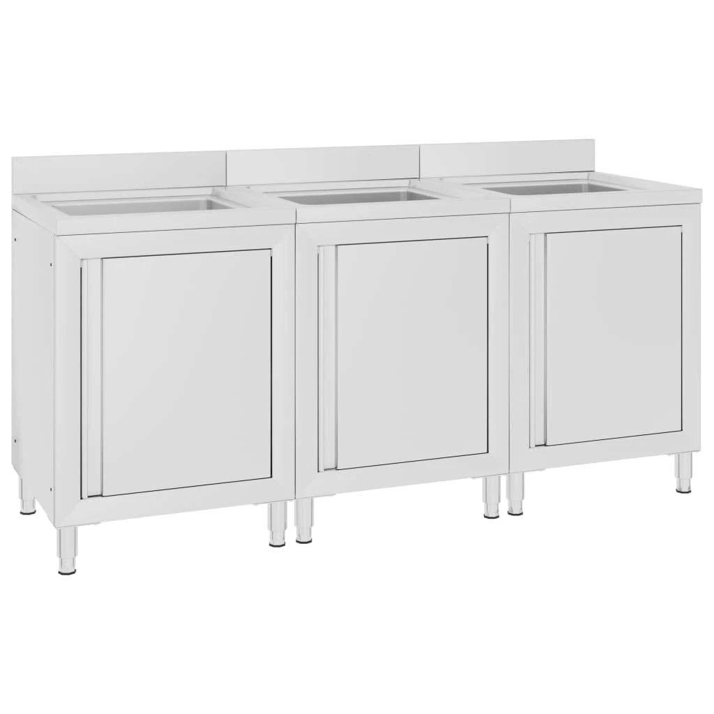 vidaXL Commercial Kitchen Sink Cabinets Set, 3 Pieces, Stainless Steel Construction, with Bottom Storage and Adjustable Feet for Restaurant, Hotel or Home Kitchen Use