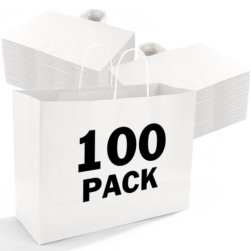 XPCARE Kraft Paper Gift Bags with Handles 100 Pcs 16x6x12 Inches Paper Shopping Bags White Paper Bags for Small Business Merchandise Wedding Party Favors