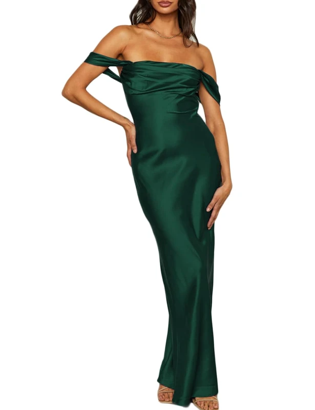 Realtix Elegant Satin Off The Shoulder Ruched Backless Maxi Long Dress for Women Strapless Tube Sleeveless Fitted Women's Dresses Bridesmaid, Deep Green, M