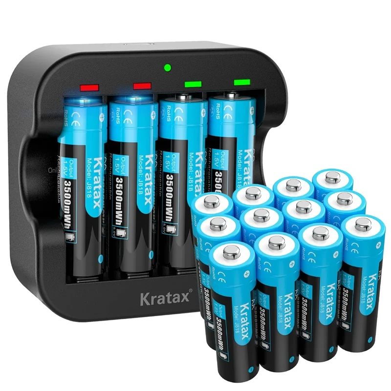 Kratax 1.5 V AA Rechargeable Lithium Battery, 3500 mWh High Capacity, Max 3A Current，1600 Long Cycles, 16 x AA Lithium Batteries with Black USB Charger, for Blink Camera VR/AR Headset Xbox Controller