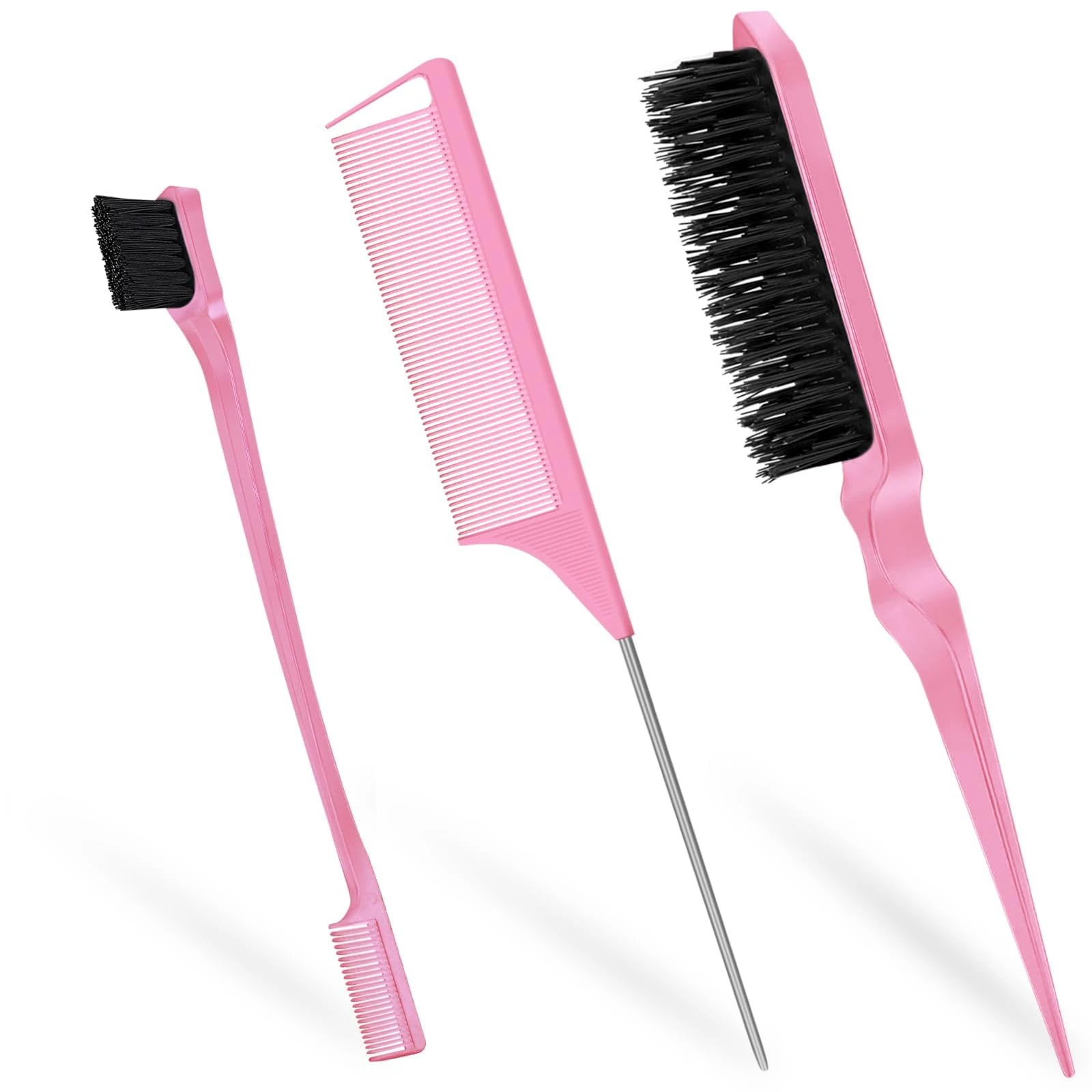 Soodyoow 3-in-1 Slick Back & Edge Brush, Back Combing & Teasing Brush, Rat Tail Comb for Hairdresser, Women, Children, Pink