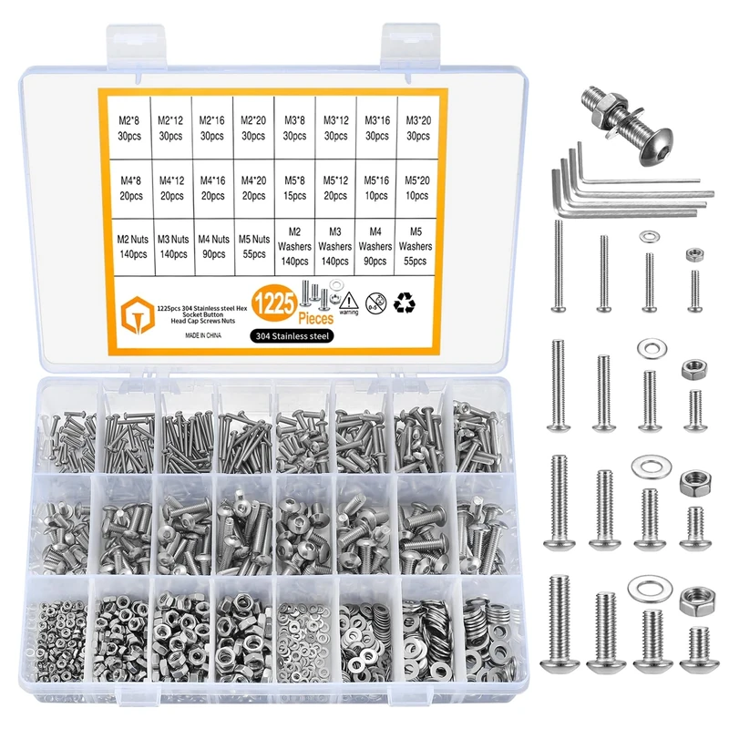 1225pcs M2 M3 M4 M5 Hexagon Socket Screws, Bolts, Nuts, and Washers Assortment Kit, Stainless steel Silver Countersunk Head Threaded Screws, Nuts and Washers Set(1225 silver)