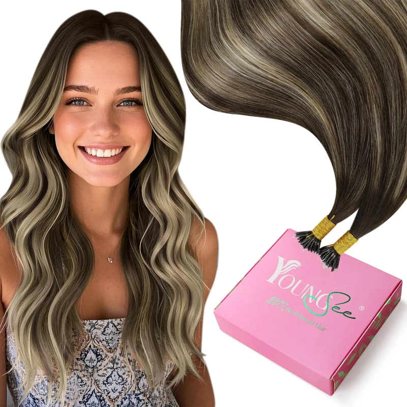 YoungSee Nano Hair Extensions Real Human Hair Brown 18inch Nano Beads Human Hair Extensions Balayage Dark Brown with Ash Blonde Nanolink Extensions Ombre for School Cold Fusion 50s 50g