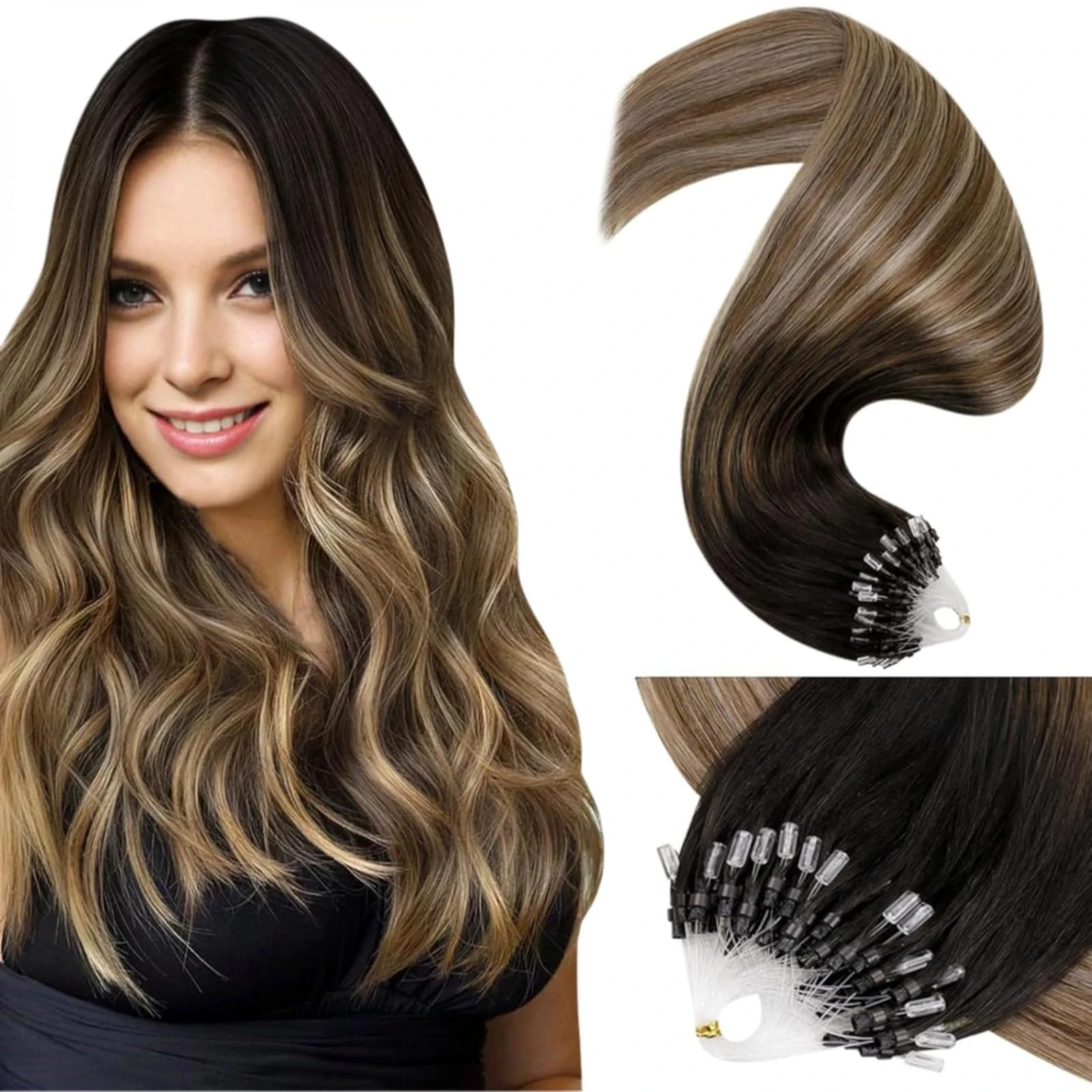 LaaVoo Brown Micro Loop Hair Extensions Real Human Hair 24 Inch Remy Straight Balayage Darkest Brown to Ash Blonde Invisible Micro Ring Hair Extensions 50g 50s #2/6/18