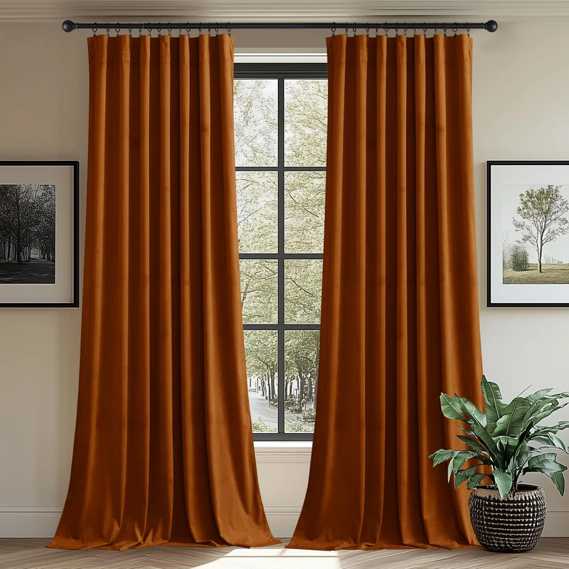 StangH Burnt Orange Thermal Insulated Curtains 90 inches Long Luxury Soft Velvet Room Darkening Window Drapes Holiday Halloween Decoration for Living Room, W62 x L90, 2 Panels