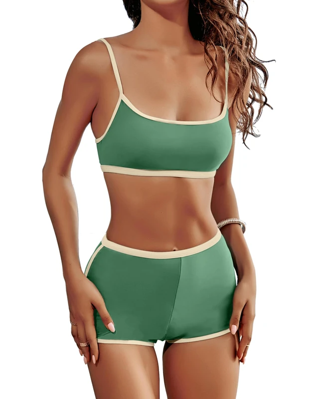 AngiMelo High Waisted Bikini Sets for Women Two Piece Tummy Control Swimsuits Modest Bathing Suit Shorts Swim Suits Teens, Army Green Bikini Set, S