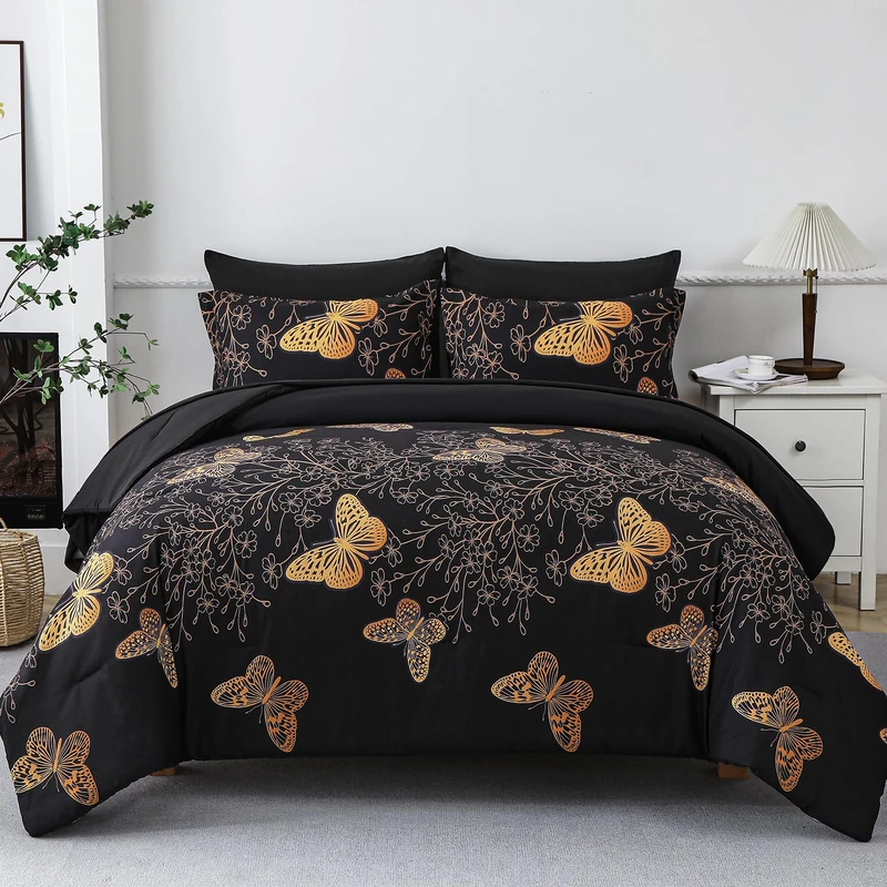 Yogeneg 7 Piece Bed in a Bag Full Size Comforter Set Black Bedding Set,Gold Butterfly Leaves Printed on Black Reversible Design,Soft Microfiber Comforter with Sheet Set,All Season(Butterfly,Full)