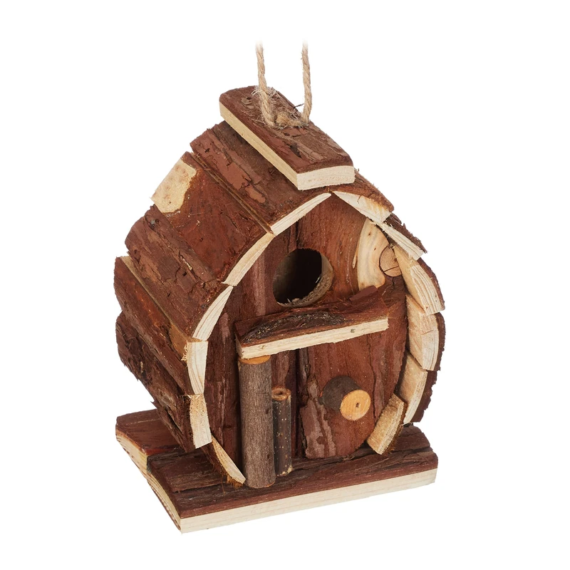 Relaxdays Decorative Bird House, Fir Wood, HxWxD: 14.5 x 10.5 x 7.5 cm, Garden Ornament, Hanging Nest Box, Natural