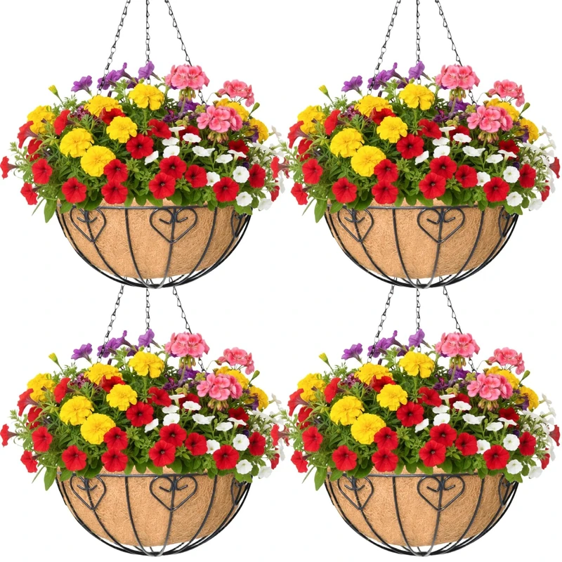 KIDYBELL 4 Pack 16 Inch Hanging Planters for Outdoor Plants, Metal Hanging Basket with Coco Coir Liner, Black, Modern