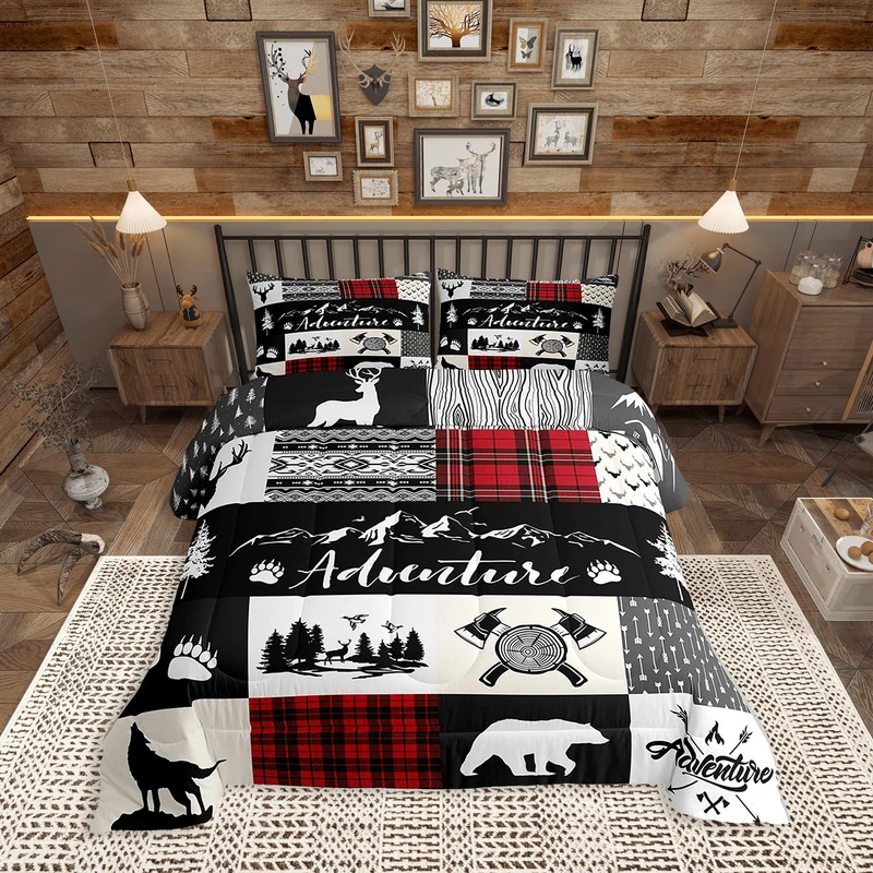 Castle Fairy Deer Antlers Comforter Set Queen Size,Bear Pine Wolf Hunting Camper Bedding Set for Women Adult,Adventure Rustic Farmhouse Red Plaid Luxury Bed Duvet Insert, 2 Pillowcases