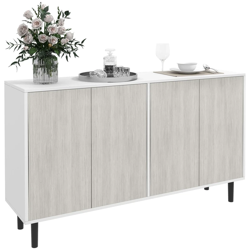 HOMCOM Modern Sideboard with 2 Cupboards, Kitchen Storage Cabinet for Living Room with Adjustable Shelves, 4 Doors and Solid Wood Legs, White