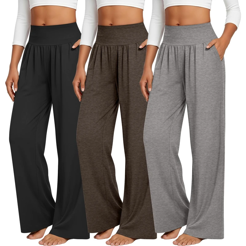 Neer 3 Pack Women's Wide Leg Yoga Pants Comfy Lounge Pants with Pockets Baggy Elastic Waist Joggers Ladies Open Bottom(Medium,Black, Cement, Chestnut)