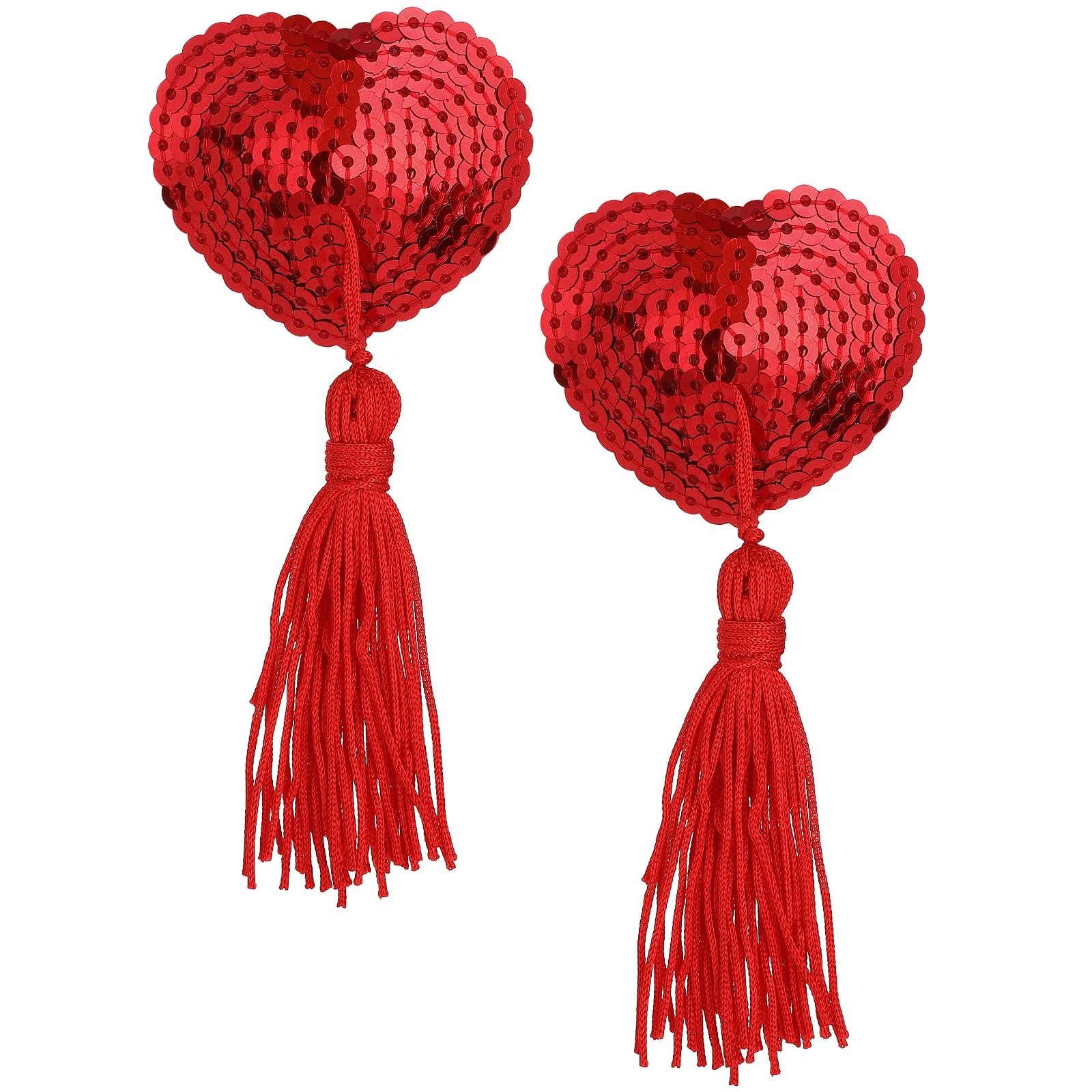 Dimeho Women Breast Pasties Reusable Nipple Stickers Cover Adhesive Heart-Shaped Breast Bra with Sequins Tassel (Red)